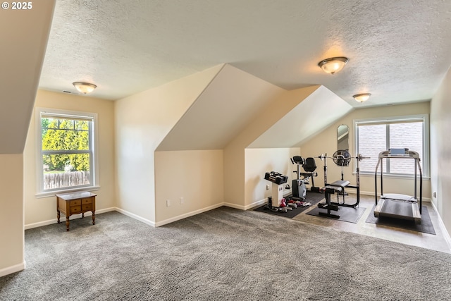 exercise area with a textured ceiling, healthy amount of natural light, baseboards, carpet floors, and vaulted ceiling