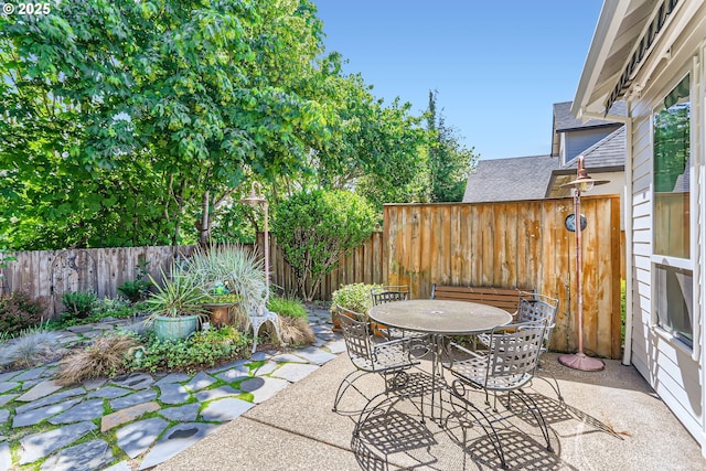 view of patio with a fenced backyard and outdoor dining space