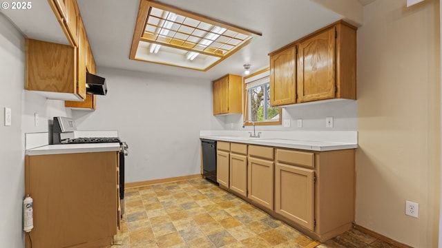 kitchen featuring gas stove, exhaust hood, baseboards, black dishwasher, and light countertops