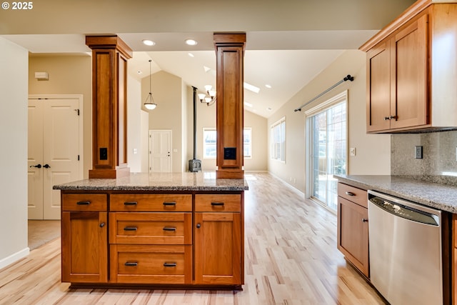 kitchen with backsplash, light wood-type flooring, lofted ceiling, ornate columns, and stainless steel dishwasher