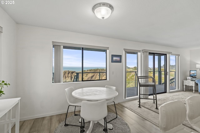 dining space featuring light wood-style floors and baseboards