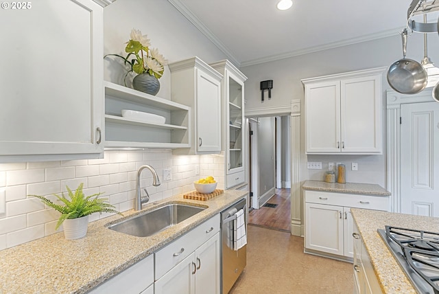 2153 NE Rodney Ave, Portland, OR 97212 - kitchen featuring stainless steel appliances, white cabinets, crown molding, tasteful backsplash, and recessed lighting