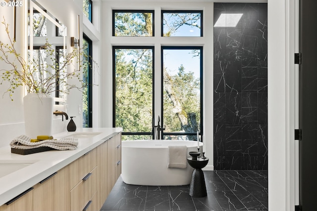 bathroom with vanity and separate shower and tub