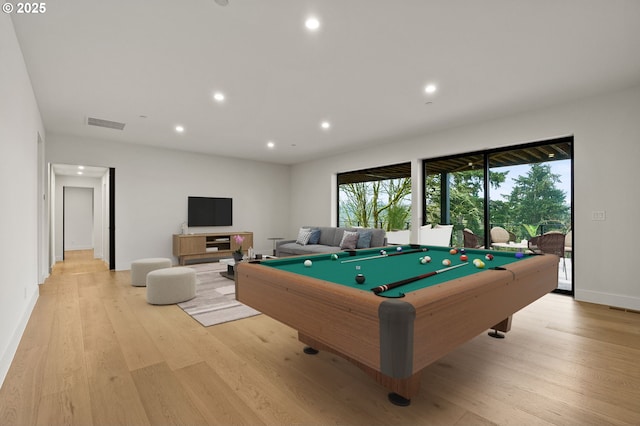 recreation room featuring pool table and light hardwood / wood-style flooring