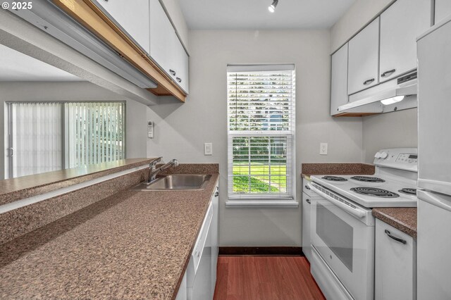 8540 SW Curry Dr Unit D, Wilsonville, OR 97070 - kitchen featuring dark wood finished floors, white appliances, under cabinet range hood, white cabinets, and a sink