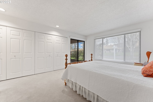 bedroom with carpet floors, a closet, and a textured ceiling