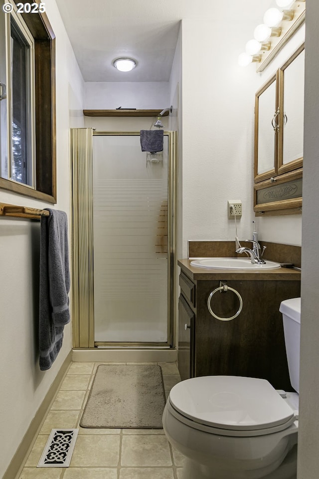 full bath with visible vents, toilet, a shower stall, vanity, and tile patterned flooring