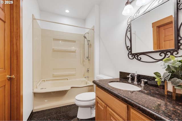 bathroom featuring vanity, shower / washtub combination, recessed lighting, granite finish floor, and toilet