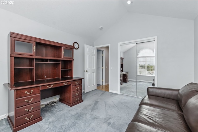 16485 SW Viking Ct, Beaverton, OR 97007 - office area featuring carpet floors, vaulted ceiling, and baseboards