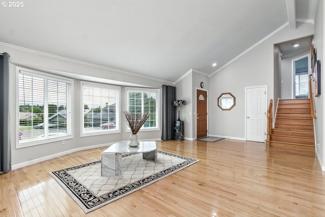 16485 SW Viking Ct, Beaverton, OR 97007 - living room featuring ornamental molding, light wood-style floors, stairway, baseboards, and recessed lighting