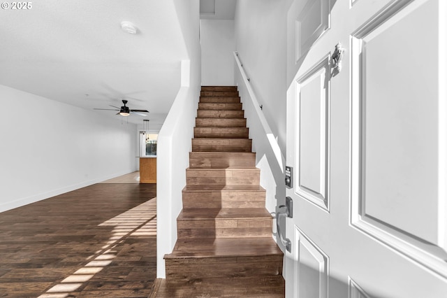 staircase with hardwood / wood-style floors and ceiling fan