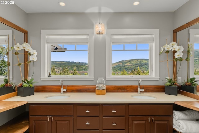 1524 Sherman Ave, Hood River, OR 97031 - full bathroom with double vanity, recessed lighting, and a mountain view