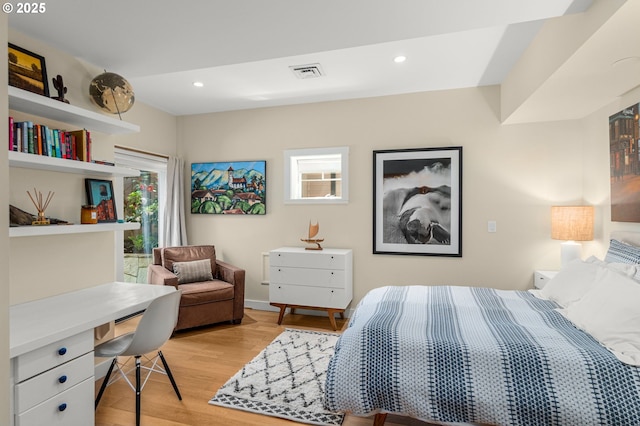 1524 Sherman Ave, Hood River, OR 97031 - bedroom featuring light wood-type flooring, a desk, recessed lighting, and access to exterior