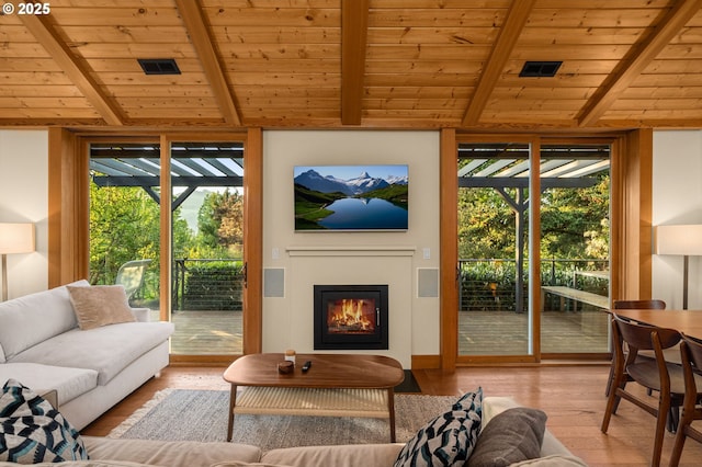 1524 Sherman Ave, Hood River, OR 97031 - living area featuring wood ceiling, wood finished floors, plenty of natural light, a glass covered fireplace, and floor to ceiling windows