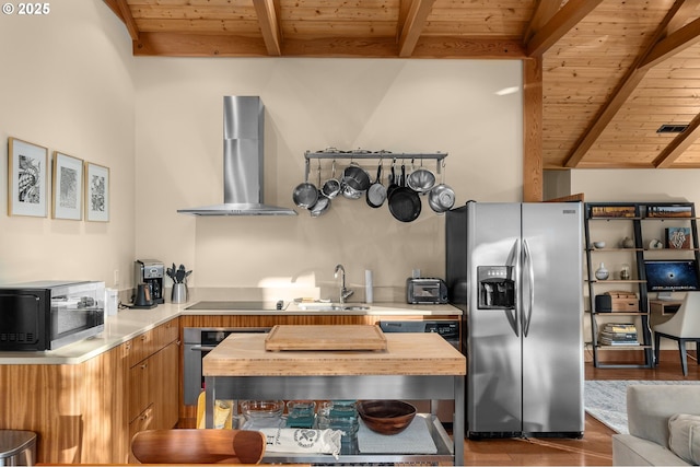 1524 Sherman Ave, Hood River, OR 97031 - kitchen featuring ventilation hood, stainless steel appliances, wooden ceiling, light countertops, and wood finished floors