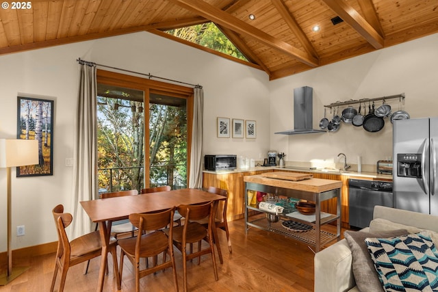 1524 Sherman Ave, Hood River, OR 97031 - dining area with wood ceiling, light wood-style flooring, and baseboards