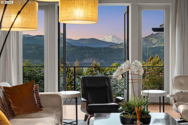 1524 Sherman Ave, Hood River, OR 97031 - sitting room featuring wood finished floors, a mountain view, and floor to ceiling windows