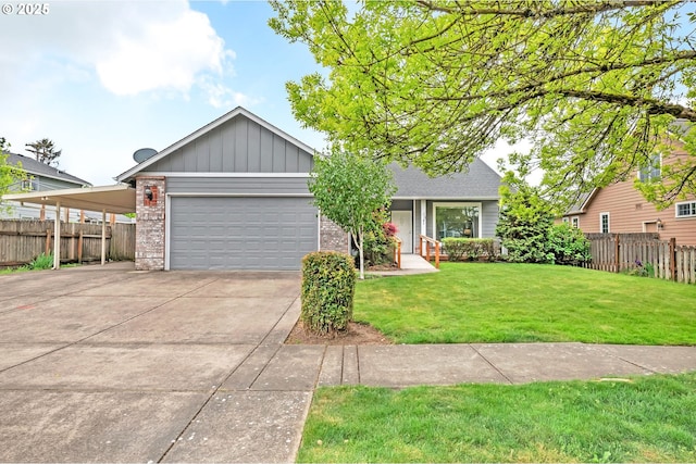 single story home with fence, an attached garage, board and batten siding, a front yard, and driveway