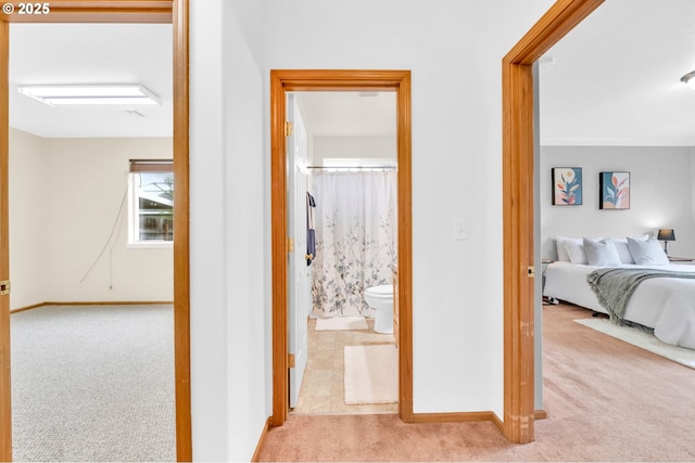 corridor with carpet floors and baseboards