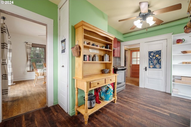 mudroom featuring ceiling fan, plenty of natural light, and dark wood-type flooring