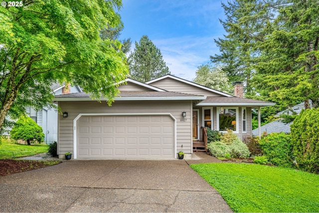 ranch-style home featuring an attached garage, a shingled roof, a chimney, and concrete driveway