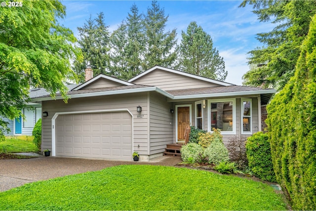 ranch-style house featuring a chimney, a front yard, aphalt driveway, an attached garage, and a shingled roof