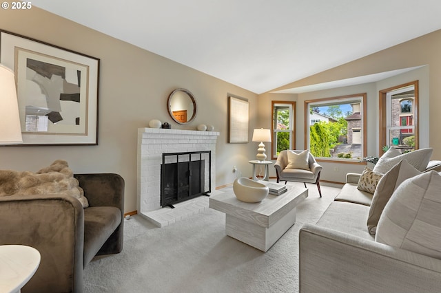 carpeted living area with baseboards, a brick fireplace, and lofted ceiling