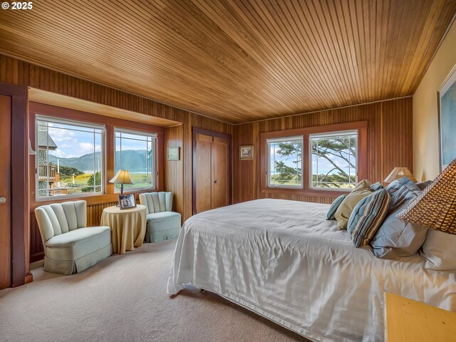 1021 S Prom, Seaside, OR 97138 - bedroom featuring wood ceiling, wooden walls, carpet flooring, and a mountain view