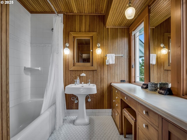 1021 S Prom, Seaside, OR 97138 - full bath with wooden ceiling, shower / bath combo with shower curtain, wood walls, and tile patterned flooring