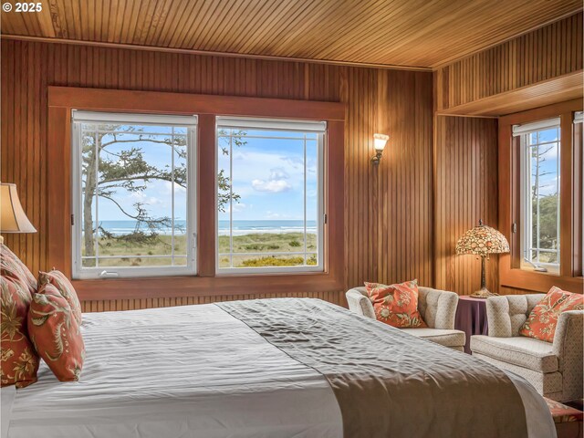 1021 S Prom, Seaside, OR 97138 - bedroom featuring multiple windows, wood walls, and wood ceiling