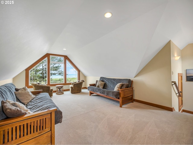 1021 S Prom, Seaside, OR 97138 - carpeted living room with vaulted ceiling, baseboards, and recessed lighting