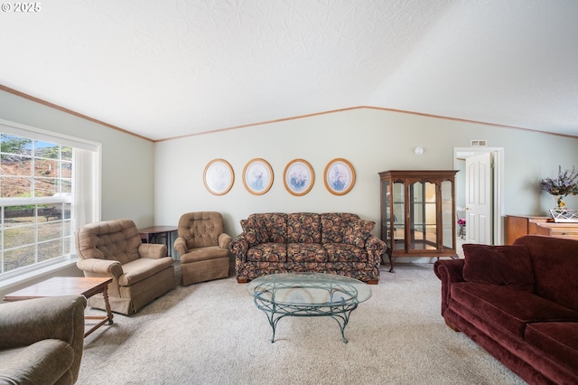 living area featuring ornamental molding, carpet, and lofted ceiling