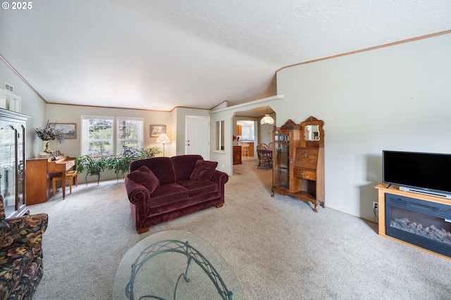 living room with crown molding, a textured ceiling, carpet flooring, and vaulted ceiling