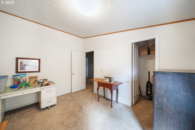 office area with crown molding and light carpet