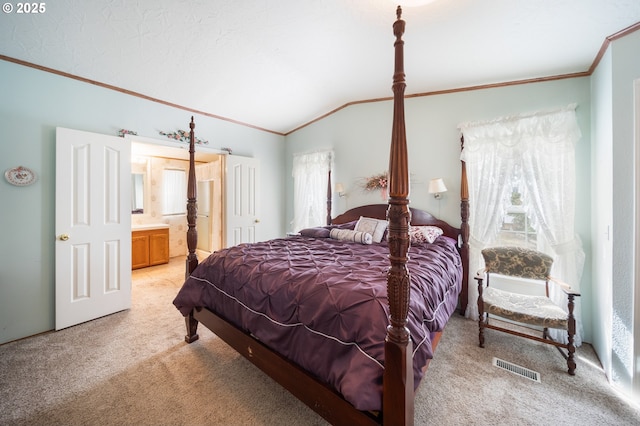 bedroom with ornamental molding, light carpet, and multiple windows