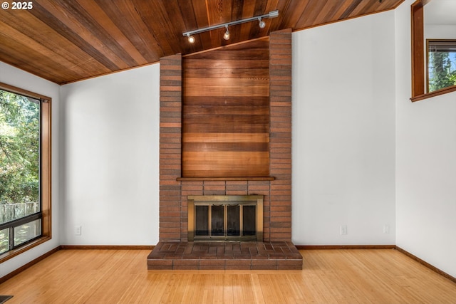 unfurnished living room with track lighting, wood ceiling, wood finished floors, and a wealth of natural light