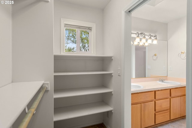 full bath featuring double vanity, an inviting chandelier, and a sink