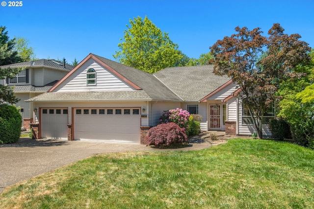 view of front of house featuring a front lawn, brick siding, a garage, and aphalt driveway