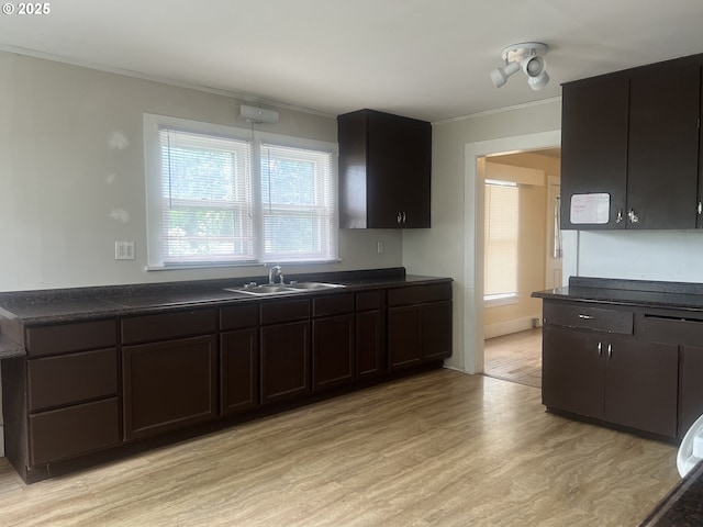 103 NW 10th Ave, Milton-Freewater, OR 97862 - kitchen featuring a sink, ornamental molding, dark countertops, and light wood-style floors