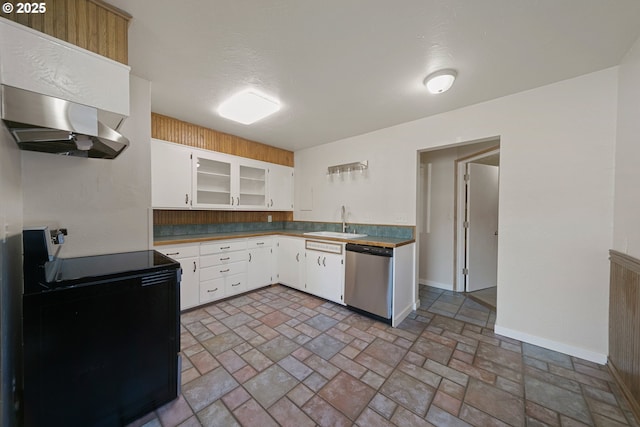 kitchen featuring electric range oven, ventilation hood, dishwasher, sink, and white cabinets