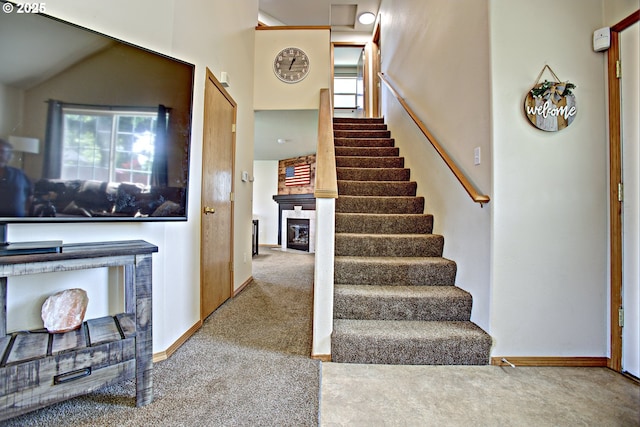 425 Warner St, Oregon City, OR 97045 - stairs with carpet, a fireplace, and baseboards