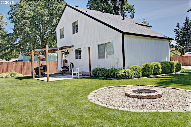 425 Warner St, Oregon City, OR 97045 - rear view of house featuring a fire pit, a patio area, and roof with shingles