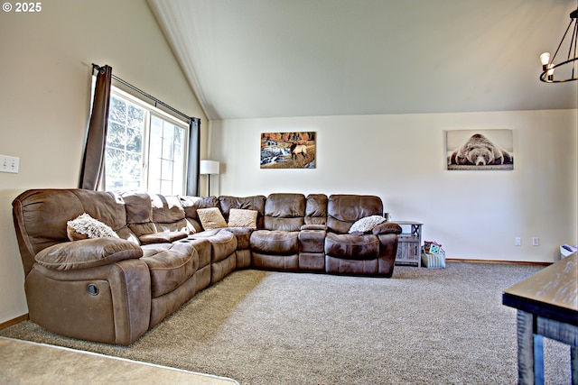 425 Warner St, Oregon City, OR 97045 - carpeted living room featuring vaulted ceiling, baseboards, and a chandelier