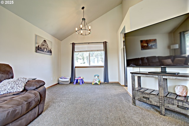425 Warner St, Oregon City, OR 97045 - living area with carpet flooring, a chandelier, baseboards, and vaulted ceiling