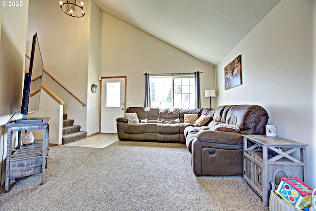 425 Warner St, Oregon City, OR 97045 - living room with carpet flooring, stairway, high vaulted ceiling, and a chandelier