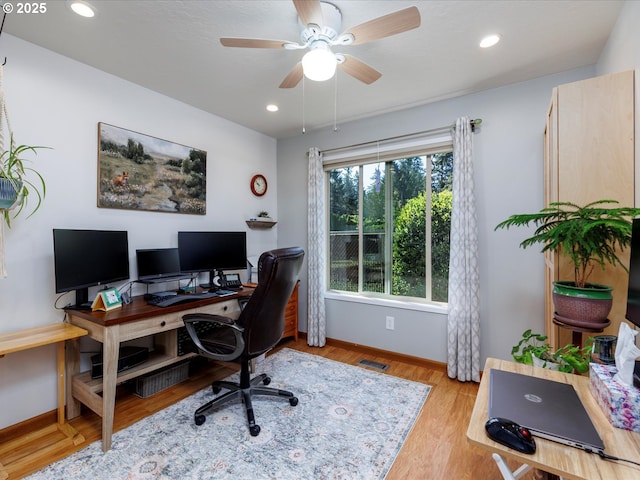 18495 Terry Ave, Lake Oswego, OR 97035 - office area featuring light wood-style flooring, a ceiling fan, baseboards, recessed lighting, and visible vents