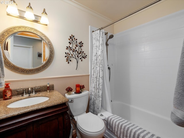 18495 Terry Ave, Lake Oswego, OR 97035 - bathroom featuring wainscoting, vanity, toilet, ornamental molding, and shower / bathtub combination with curtain