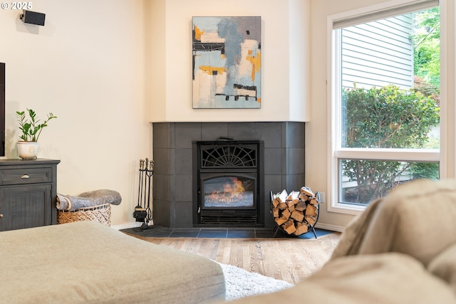 detailed view of baseboards and a wood stove