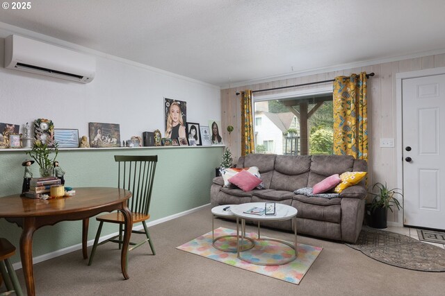2950 SW Beach Ave, Lincoln City, OR 97367 - living area with a wall unit AC, carpet flooring, baseboards, and ornamental molding