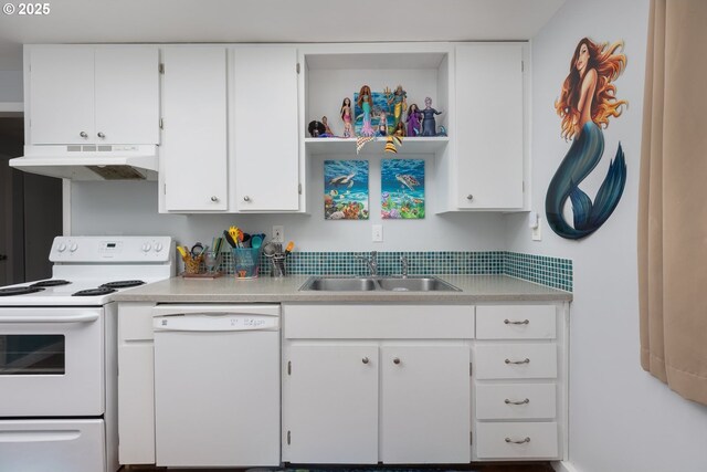 2950 SW Beach Ave, Lincoln City, OR 97367 - kitchen featuring a sink, light countertops, white appliances, under cabinet range hood, and white cabinetry